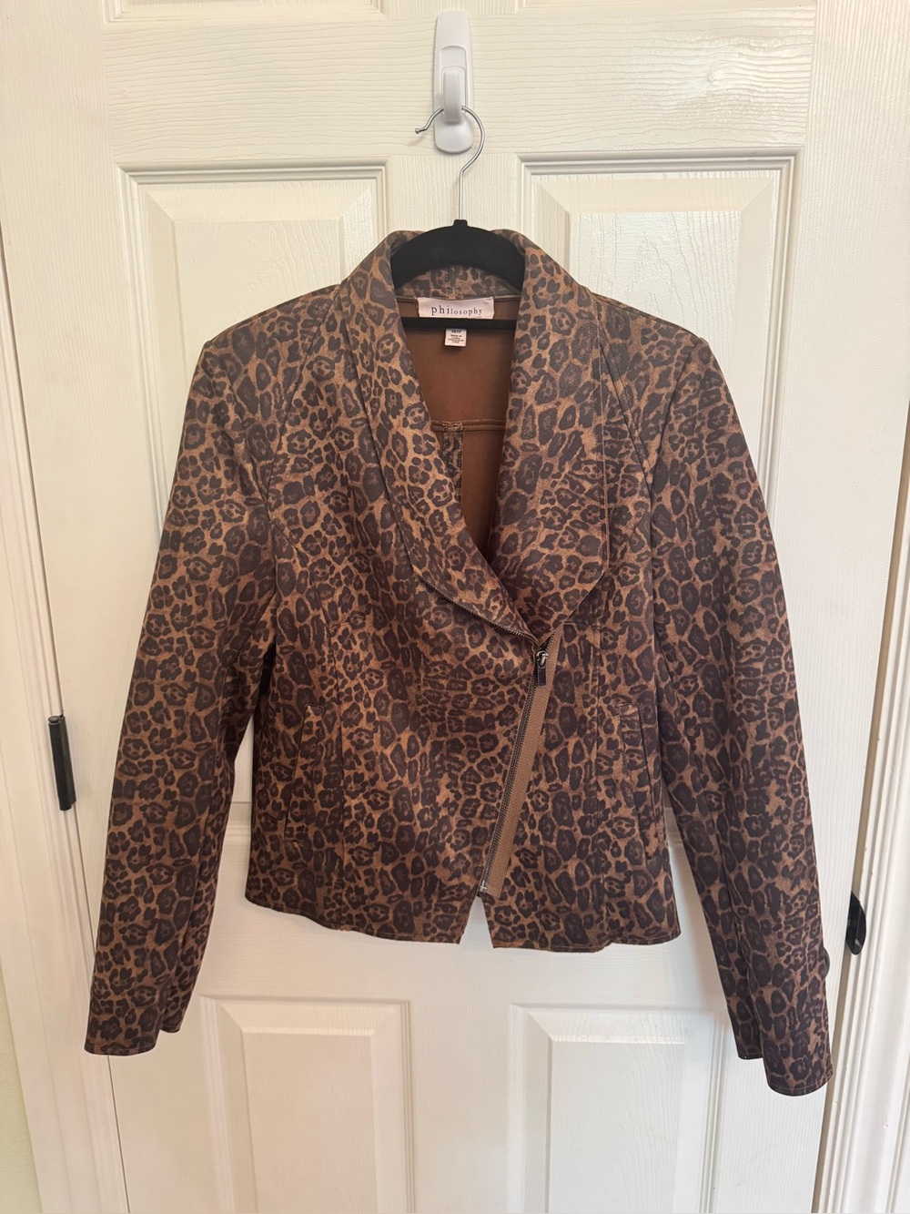 Philosophy Faux Suede Leopard Print  Asymmetrical Zip Moto Jacket XS